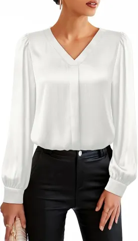 Youtalia Womens Satin Silk Blouses Long Sleeve V-Neck Dressy Casual Tops Business Work Shirts