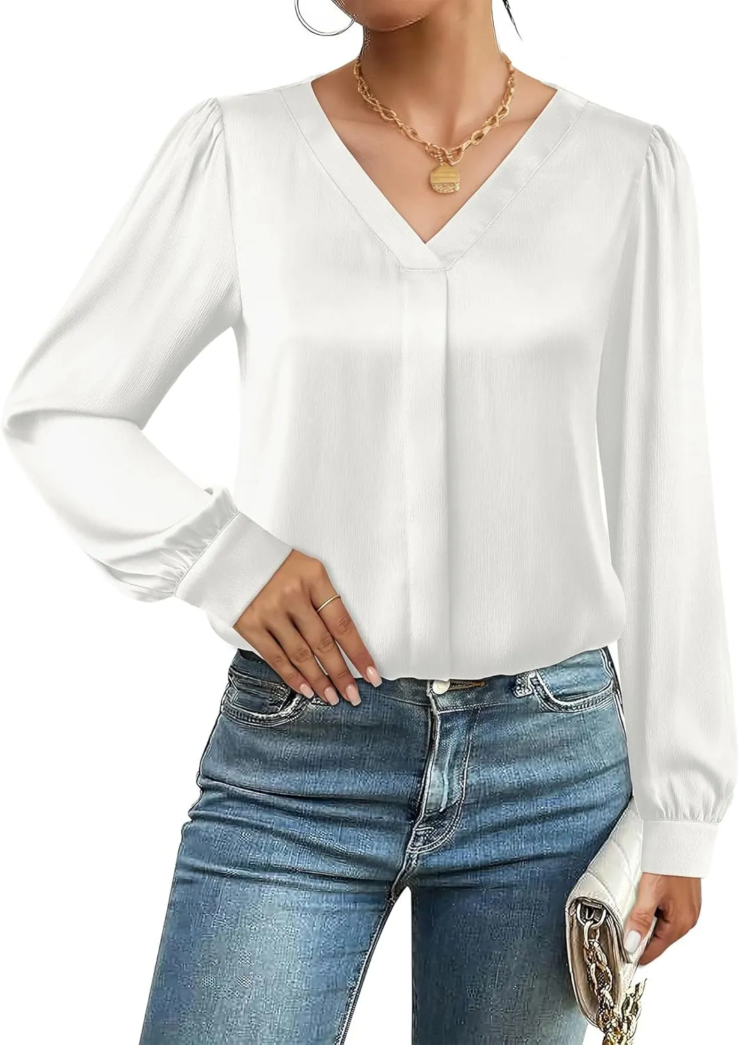 Youtalia Womens Satin Silk Blouses Long Sleeve V-Neck Dressy Casual Tops Business Work Shirts
