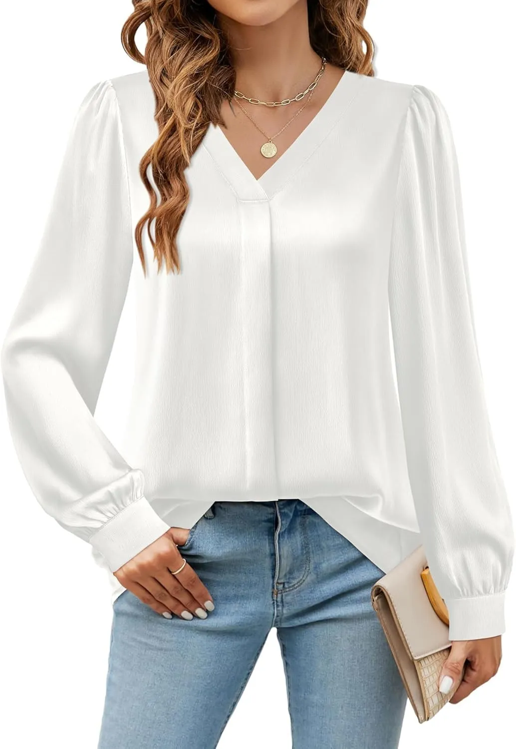 Youtalia Womens Satin Silk Blouses Long Sleeve V-Neck Dressy Casual Tops Business Work Shirts