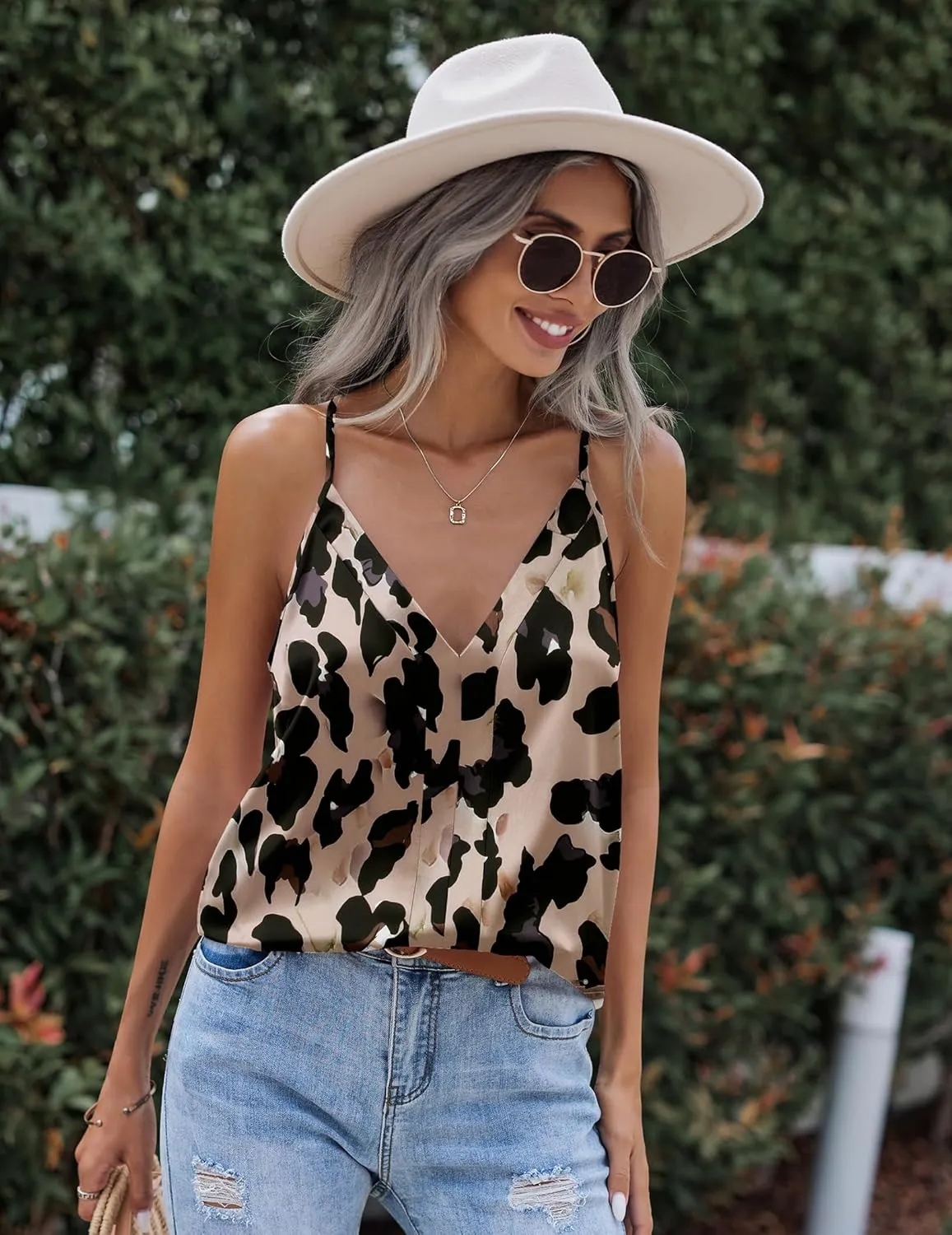 Zeagoo Womens Silk Satin Tank Tops V Neck Sleeveless Camisole Cami Spaghetti Straps Blouse Summer Loose Racerback Shirt