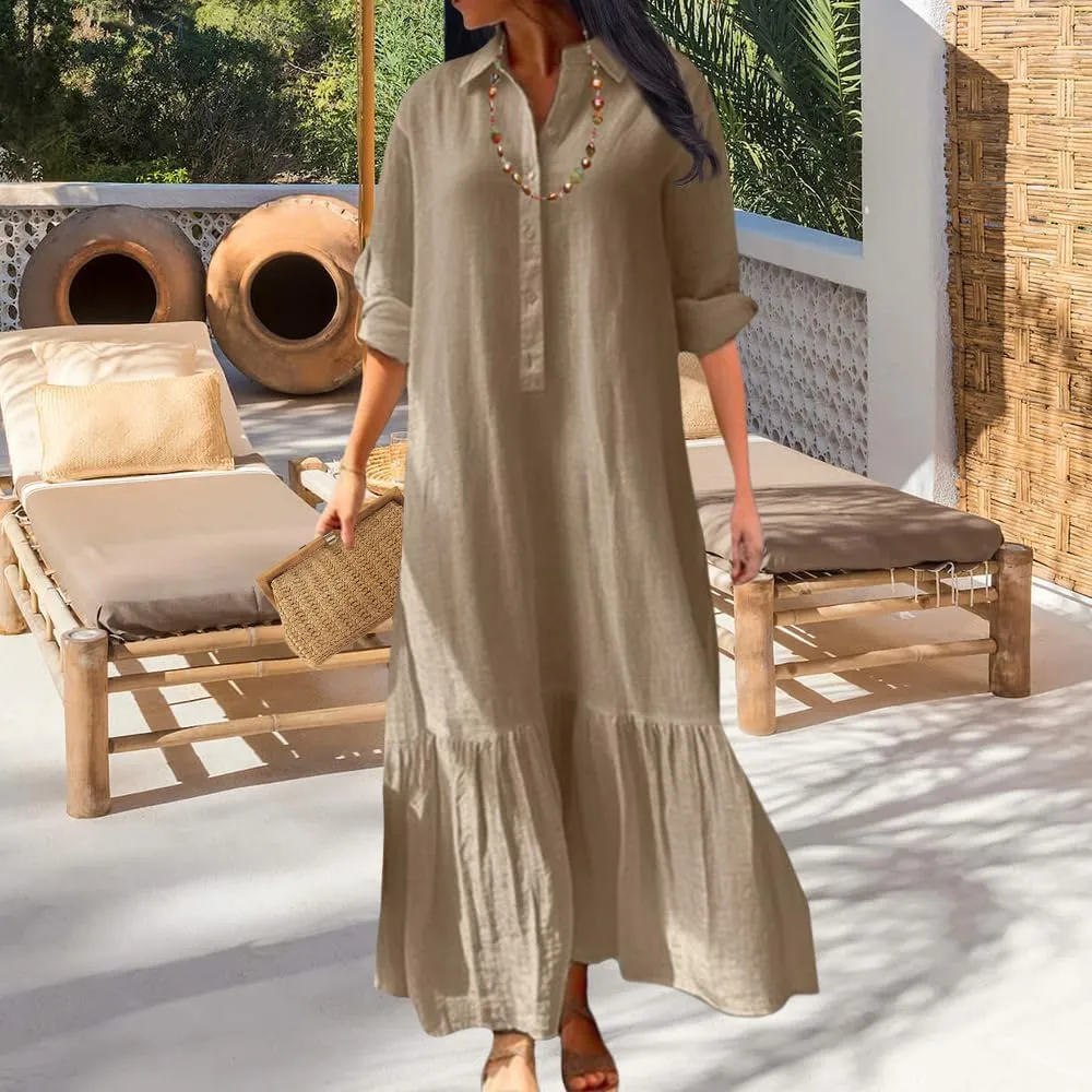 ZOCANIA Linen Dress Women Cotton Dress Casual Button Down Linen Shirt Dress Long Sleeve Plus Size Collared Maxi Dresses