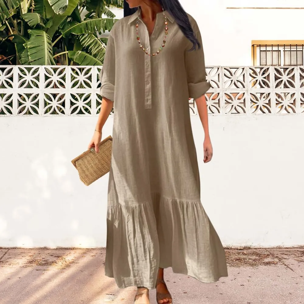 ZOCANIA Linen Dress Women Cotton Dress Casual Button Down Linen Shirt Dress Long Sleeve Plus Size Collared Maxi Dresses