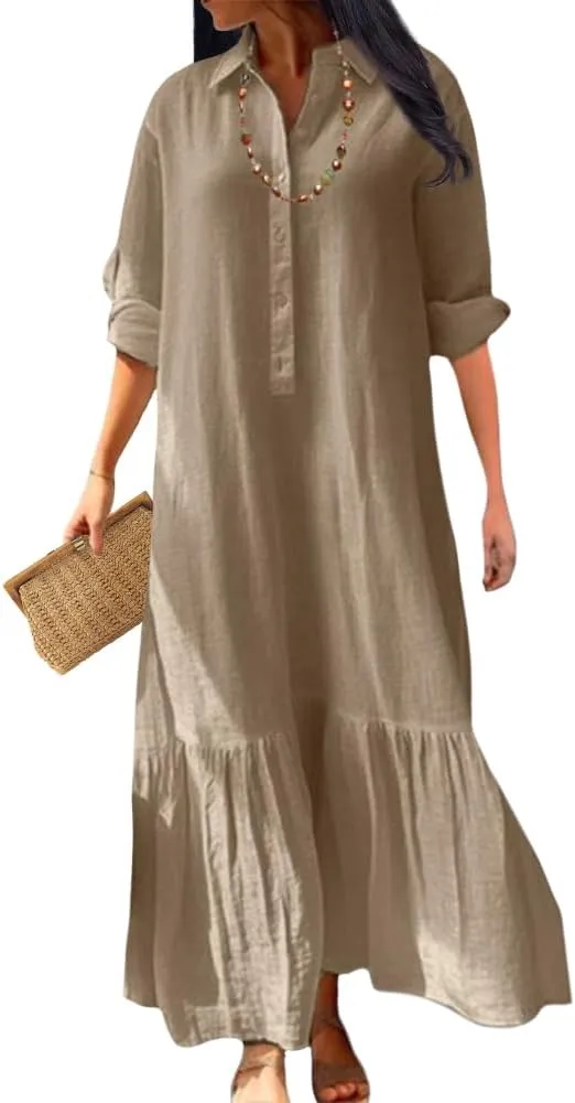ZOCANIA Linen Dress Women Cotton Dress Casual Button Down Linen Shirt Dress Long Sleeve Plus Size Collared Maxi Dresses