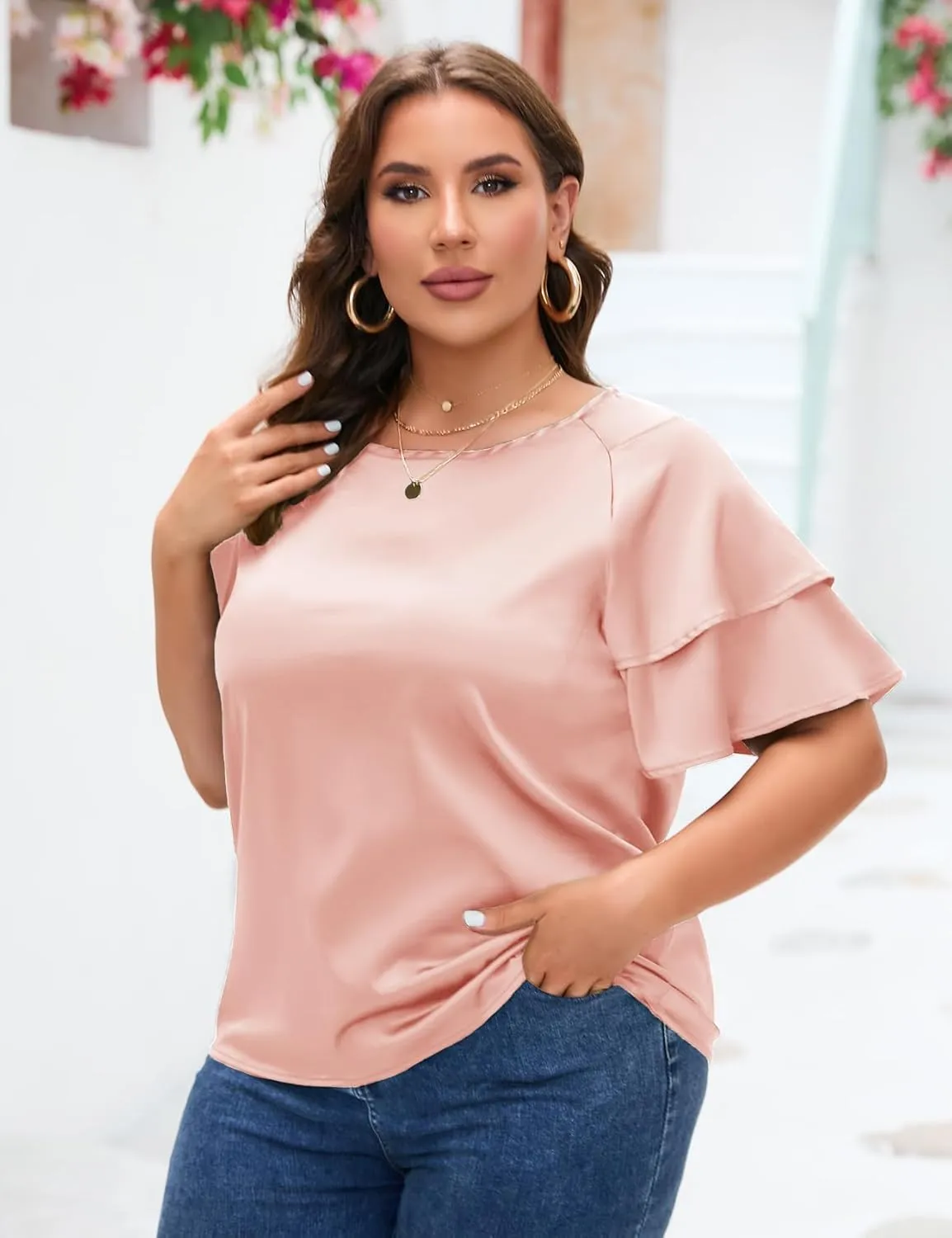 ZOMVA Women's 2024 Plus Size Satin Blouse Short Ruffle Sleeves Silk Top Dressy Shirt Office Elegant