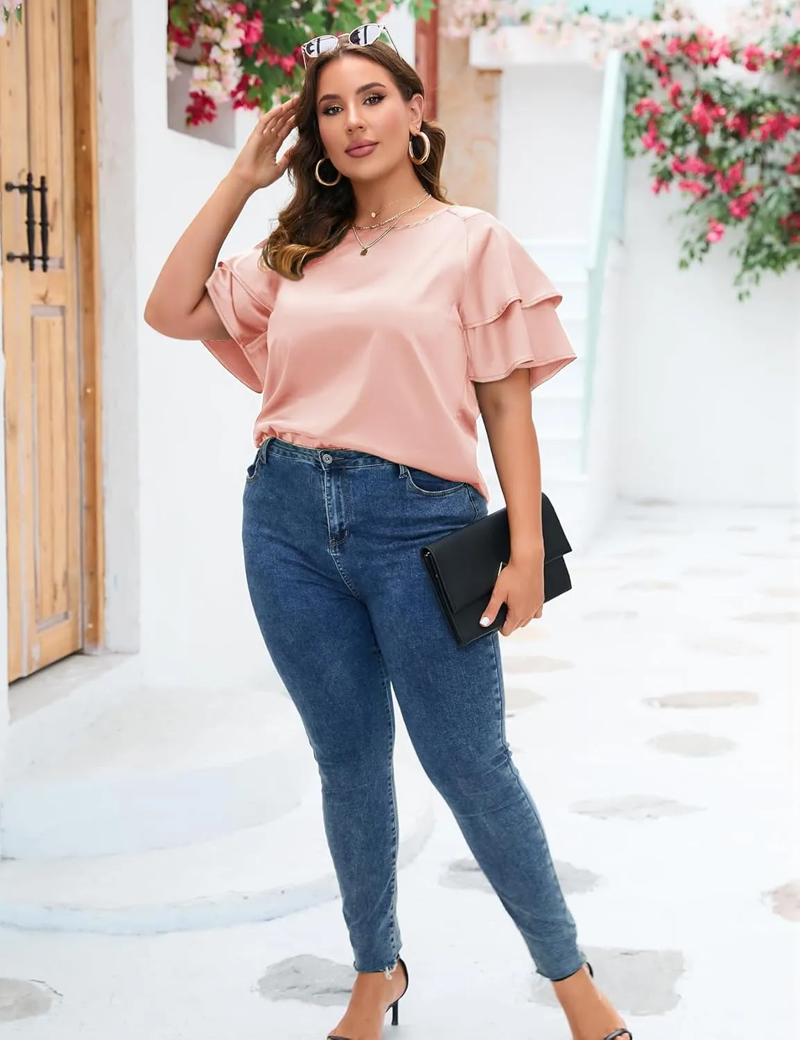 ZOMVA Women's 2024 Plus Size Satin Blouse Short Ruffle Sleeves Silk Top Dressy Shirt Office Elegant