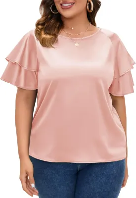 ZOMVA Women's 2024 Plus Size Satin Blouse Short Ruffle Sleeves Silk Top Dressy Shirt Office Elegant